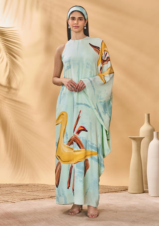 Blue feathered asymmetrical kaftan