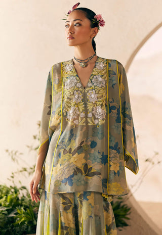 Blue Oriental Bloom Kurta And Sharara by Madzin available on Indiaspopup.com