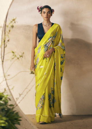 Yellow Print Suru Valley Sari And Blouse by Madzin available on Indiaspopup.com