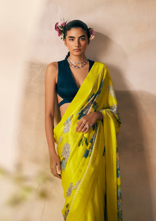 Yellow Print Suru Valley Sari And Blouse by Madzin available on Indiaspopup.com