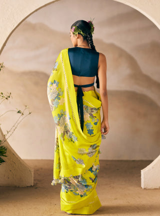 Yellow Print Suru Valley Sari And Blouse by Madzin available on Indiaspopup.com