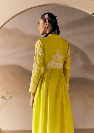 Sunshine Yellow Leh Lily Kos Jacket Set by Madzin available on Indiaspopup.com