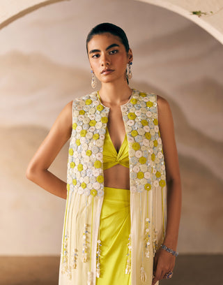 Ivory Jacket And Yellow Draped Skirt Set by Madzin available on Indiaspopup.com