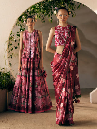 Wine Print Scarlet Floral Sari And Crop Top by Madzin available on Indiaspopup.com