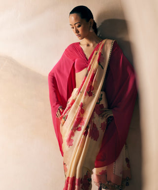 Pink Beige Print Sakti Silk Satin Sari And Blouse by Madzin available on Indiaspopup.com