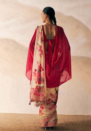 Pink Beige Print Sakti Silk Satin Sari And Blouse by Madzin available on Indiaspopup.com