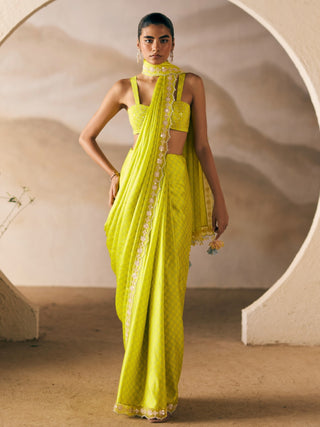 Yellow Dot Shey Silk Satin Sari And Blouse by Madzin available on Indiaspopup.com