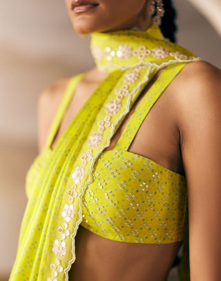 Yellow Dot Shey Silk Satin Sari And Blouse by Madzin available on Indiaspopup.com