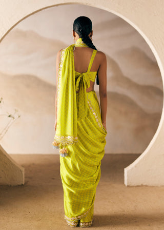 Yellow Dot Shey Silk Satin Sari And Blouse by Madzin available on Indiaspopup.com