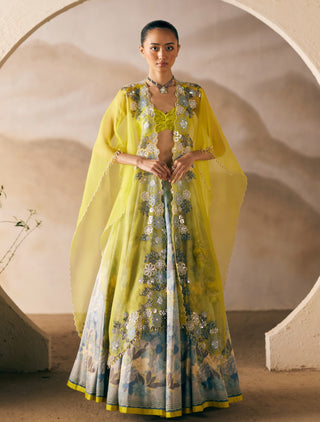 Indus Sunset Lehenga And Cape Set by Madzin available on Indiaspopup.com