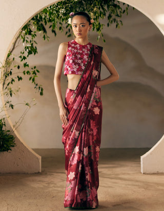 Wine Print Scarlet Floral Sari And Crop Top by Madzin available on Indiaspopup.com