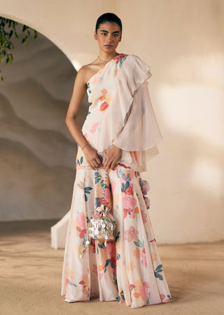 Markha Meadow One-Shoulder Sharara And Top by Madzin available on Indiaspopup.com