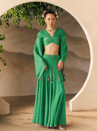 Karsha Green Knot Top And Tassel Skirt by Madzin available on Indiaspopup.com