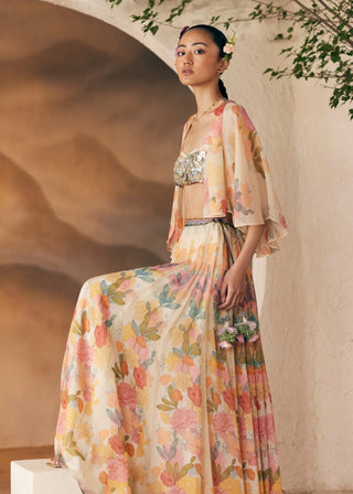 Beige green print sumur skirt and cape set