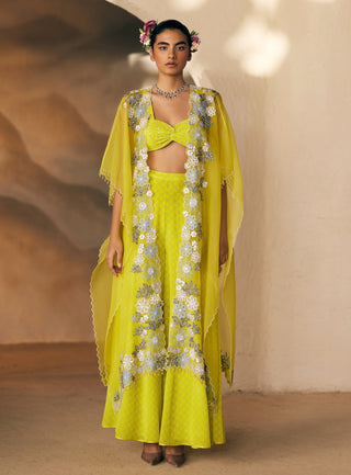 Yellow Dot Sangam Sunray Sharara And Cape Set by Madzin available on Indiaspopup.com