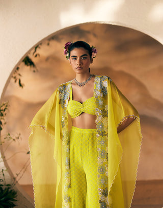 Yellow Dot Sangam Sunray Sharara And Cape Set by Madzin available on Indiaspopup.com