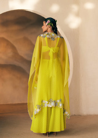 Yellow Dot Sangam Sunray Sharara And Cape Set by Madzin available on Indiaspopup.com