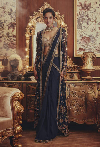 Martha blue drape sari with jacket set