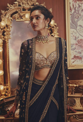 Martha blue drape sari with jacket set