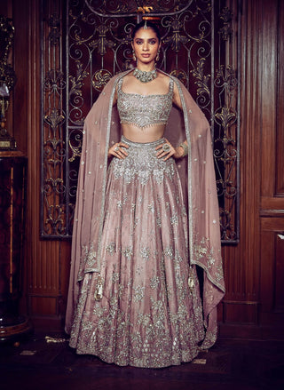 French Rose Aurum Tissue Lehenga Set by Matsya available on Indiaspopup.com