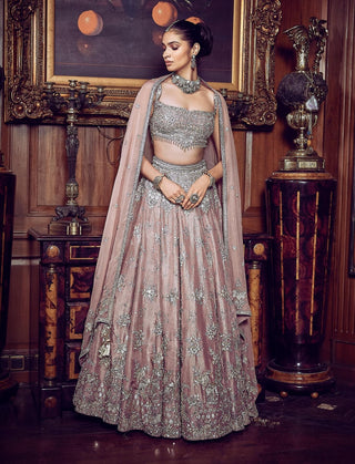 French Rose Aurum Tissue Lehenga Set by Matsya available on Indiaspopup.com