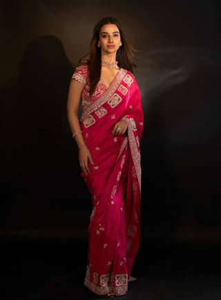 Scarlet mulberry silk embroidered sari with blouse