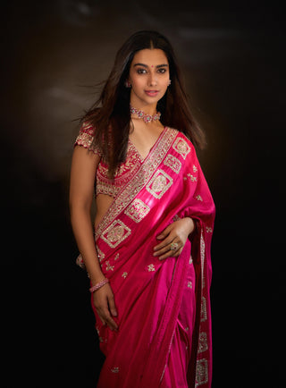 Scarlet mulberry silk embroidered sari with blouse