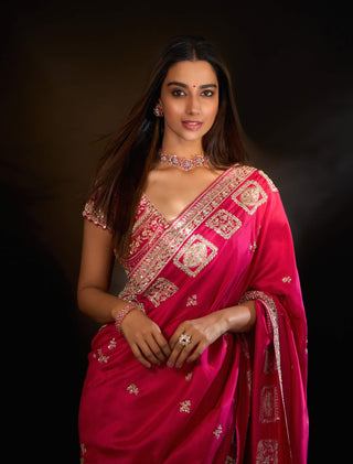 Scarlet mulberry silk embroidered sari with blouse