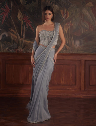 Meissa ivory blue draped sari and blouse