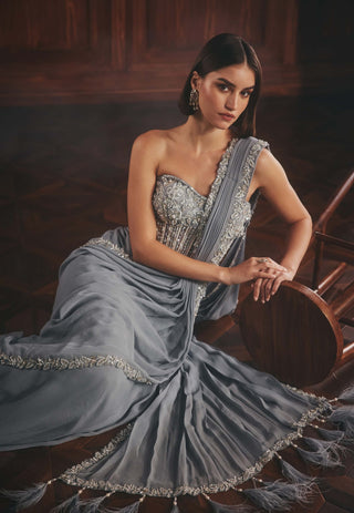 Meissa ivory blue draped sari and blouse