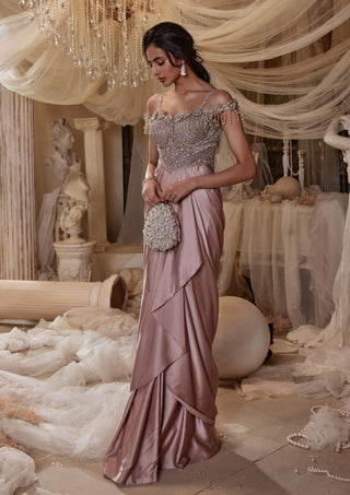 Merlin Dusty Pink Drape Gown by Roqa, available on Indiaspopup.com