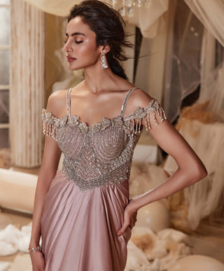 Merlin Dusty Pink Drape Gown by Roqa, available on Indiaspopup.com