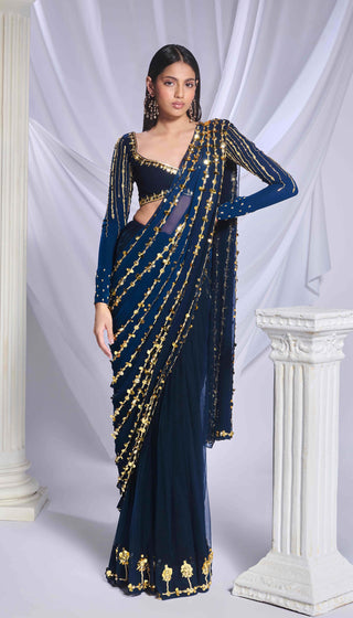 Midnight Marina Sari And Blouse by Papa Don'T Preach By Shubhika, available on Indiaspopup.com