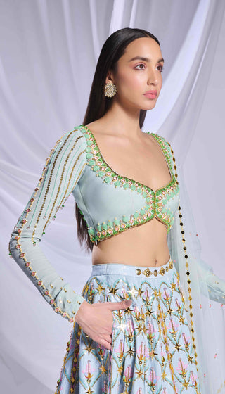 Mint Mystique Ice Blue Lehenga Set by Papa Don'T Preach By Shubhika, available on Indiaspopup.com