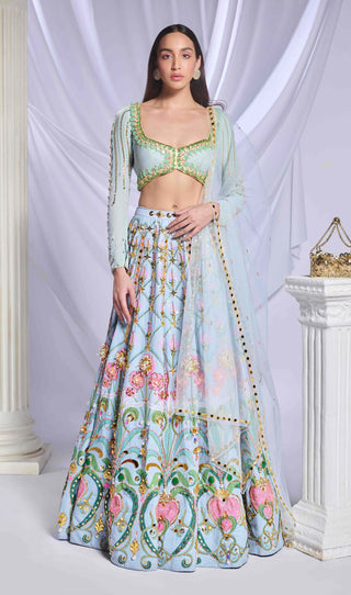 Mint Mystique Ice Blue Lehenga Set by Papa Don'T Preach By Shubhika, available on Indiaspopup.com