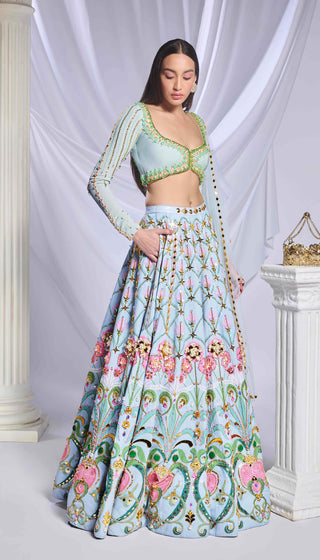 Mint Mystique Ice Blue Lehenga Set by Papa Don'T Preach By Shubhika, available on Indiaspopup.com