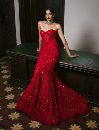 Red esme tulle lehenga and cape set