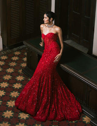Red esme tulle lehenga and cape set