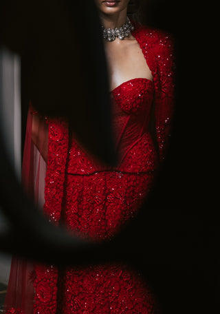 Red esme tulle lehenga and cape set