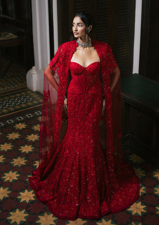 Red esme tulle lehenga and cape set
