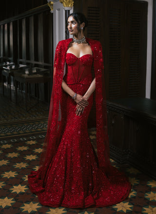 Red esme tulle lehenga and cape set