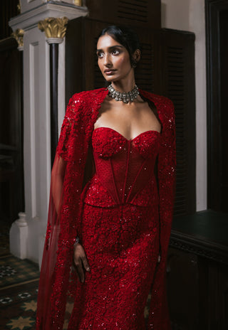 Red esme tulle lehenga and cape set