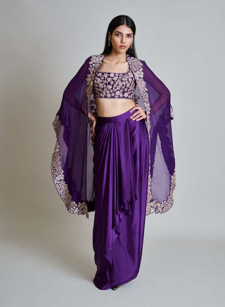 Lea purple triangle cape with bustier and draped skirt