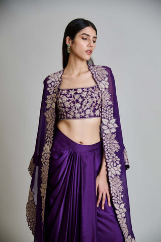 Lea purple triangle cape with bustier and draped skirt