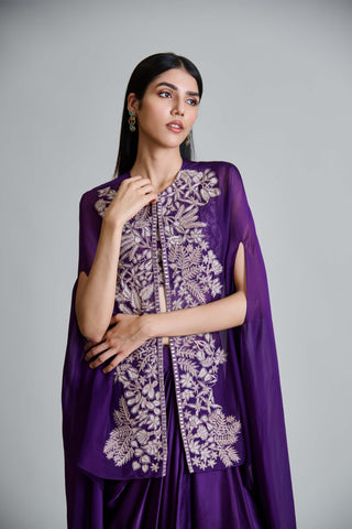 Aurea purple cape with bustier and draped skirt