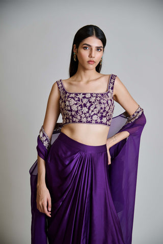 Aurea purple cape with bustier and draped skirt