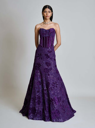 Carmine purple velvet corset and lehenga