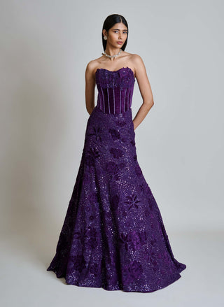 Carmine purple velvet corset and lehenga