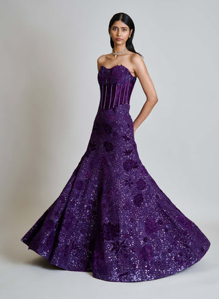 Carmine purple velvet corset and lehenga
