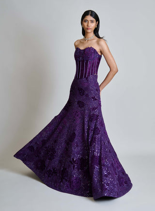 Carmine purple velvet corset and lehenga